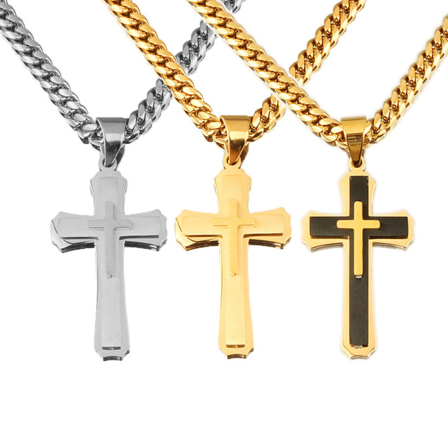 Men's Cross Pendant Necklace in Titanium Steel and Stainless Steel, Cuban Chain, Three-Layer Cross Pendant in Gold and Silver
