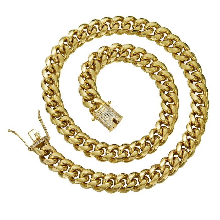 Men's Jewelry 6-14mm 14K Gold Plated Titanium Steel Stainless Steel Cuban Chain with Micro-Inlaid White Diamond Clasp, Encrypted Necklace