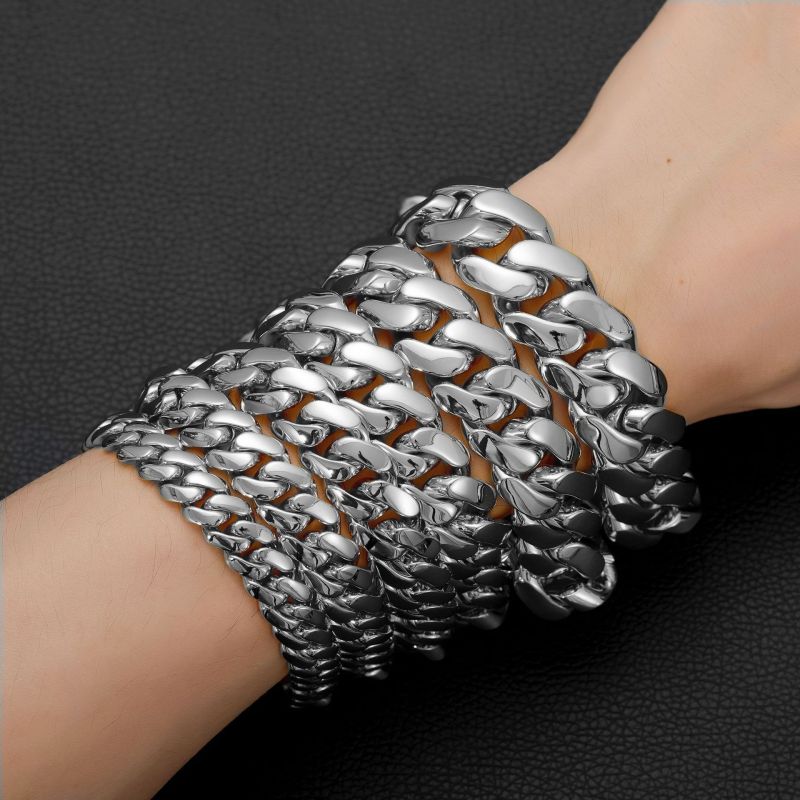 Men's jewelry, steel-colored polished Cuban chain necklace, thin cut, dense chain, flip cover with micro-inlaid zircon diamond clasp N-JMBZ