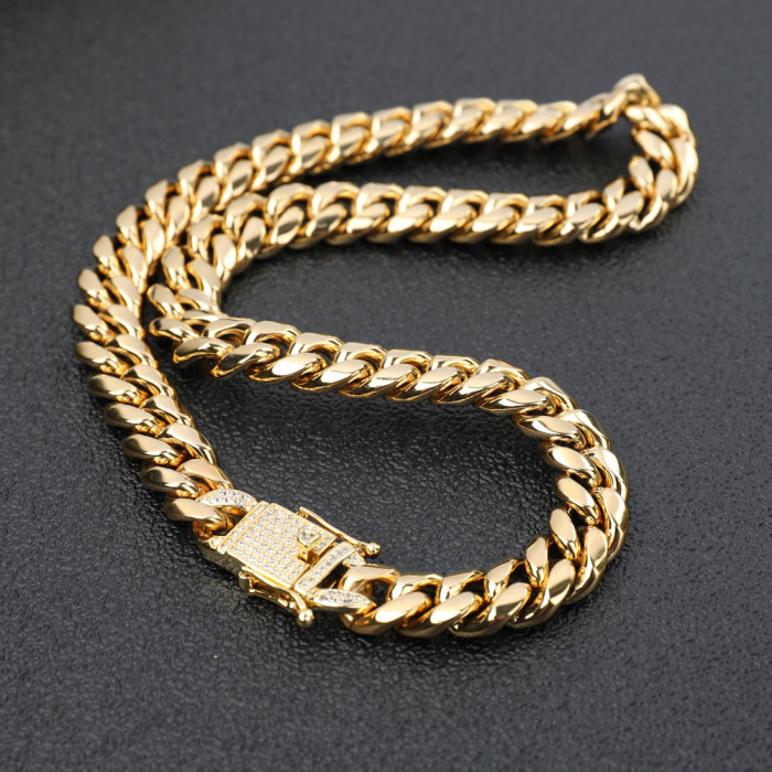 12mm Men's Hip Hop Rock 18K Gold Cuban Chain with White Diamond Titanium Stainless Steel Necklace and Bracelet JMBKZ