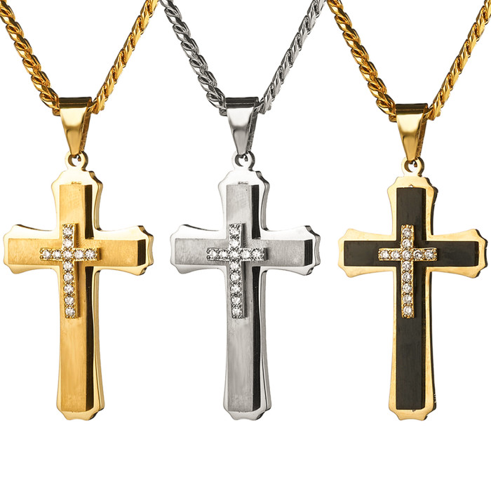 Pendant Necklace Stainless Steel Men's Multi-layer Cross Pendant with Diamond Zircon, Popular European and American Jewelry