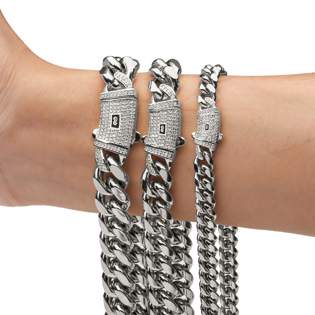 European and American stainless steel Cuban chain wholesale necklace, Miami zircon spring clasp men's necklace and bracelet, popular accessories