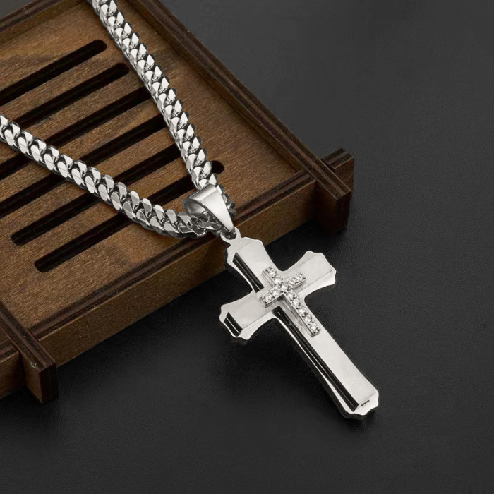 Pendant Necklace Stainless Steel Men's Multi-layer Cross Pendant with Diamond Zircon, Popular European and American Jewelry