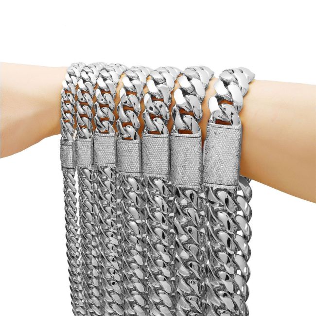 Men's jewelry, steel-colored polished Cuban chain necklace, thin cut, dense chain, flip cover with micro-inlaid zircon diamond clasp N-JMBZ