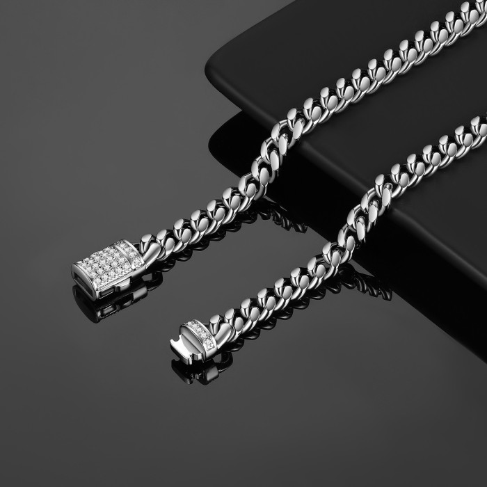 Men's Cuban Chain Stainless Steel Natural Color Encrypted Chain Necklace with Copper Clasp, Micro-Inlaid Zircon, Polished Chain JMEZ