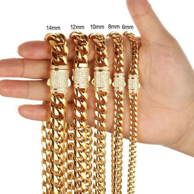 Cross-border e-commerce dropshipping: Men's gold Cuban necklace with white zircon micro-inlay and encrypted clasp chain JMEZ