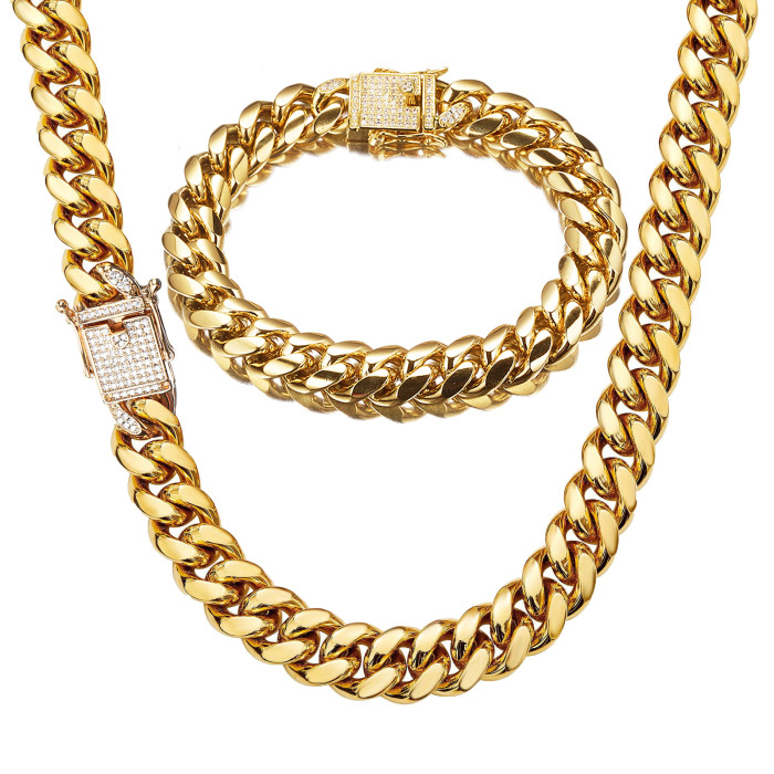 12mm Men's Hip Hop Rock 18K Gold Cuban Chain with White Diamond Titanium Stainless Steel Necklace and Bracelet JMBKZ