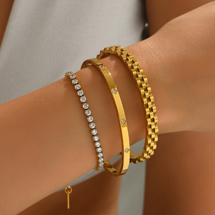European and American jewelry with geometric texture + full-diamond thin bracelet + diamond-embellished wide bangle three-piece set, light luxury ins style