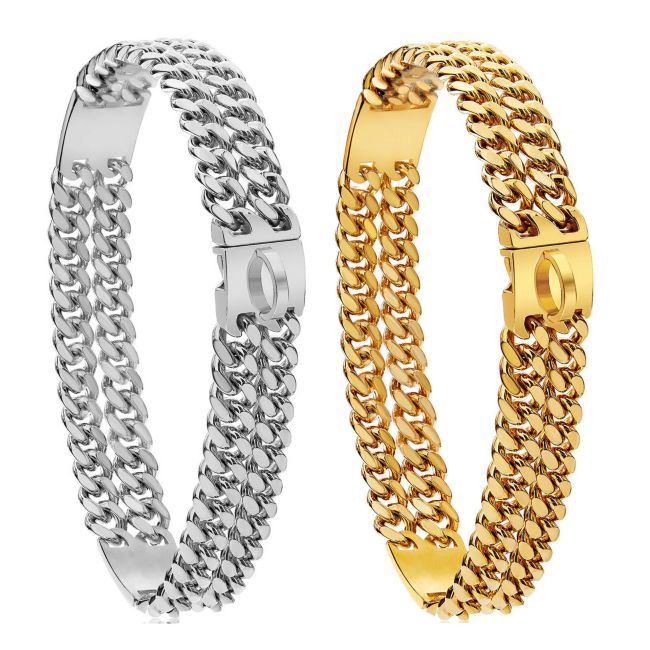 12mm double-row gold encrypted chain ID tag metal dog collar leash with simple buckle