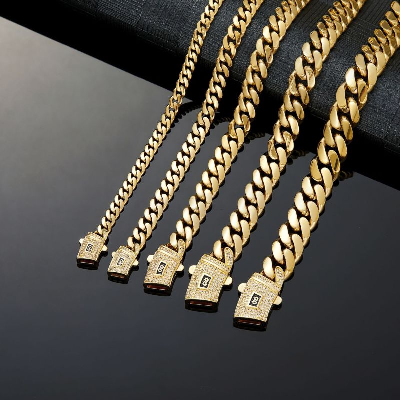 Vacuum-plated 12k gold chain stainless steel titanium steel encrypted Cuban men's necklace 6-14mm wide SWZK12