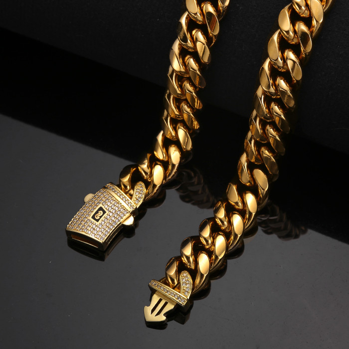 European and American hip-hop necklace, stainless steel polished encrypted Cuban chain with zircon diamond clasp, titanium steel bracelet 6-14mm SWZK