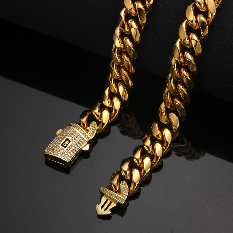 European and American hip-hop necklace, stainless steel polished encrypted Cuban chain with zircon diamond clasp, titanium steel bracelet 6-14mm SWZK
