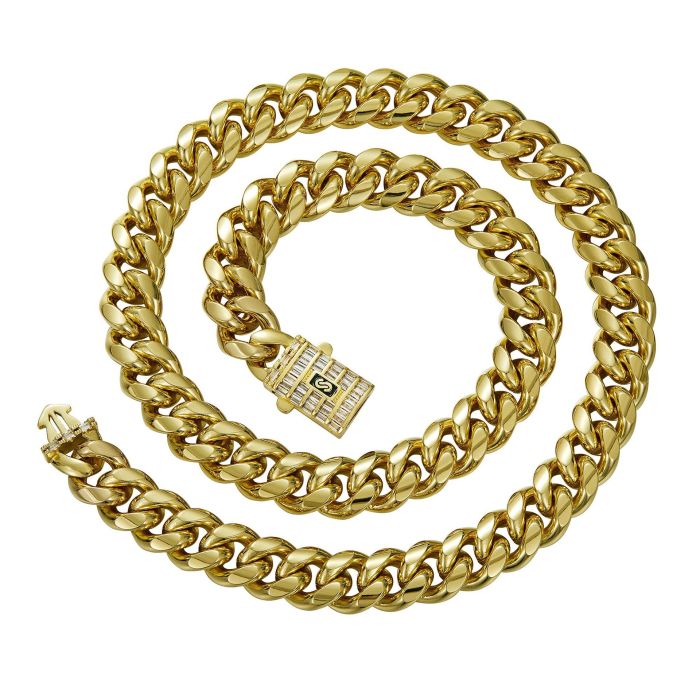 14K gold-plated Cuban necklace, stainless steel titanium steel encrypted chain, men's necklace with copper clasp and micro-inlaid zirconia SFZK