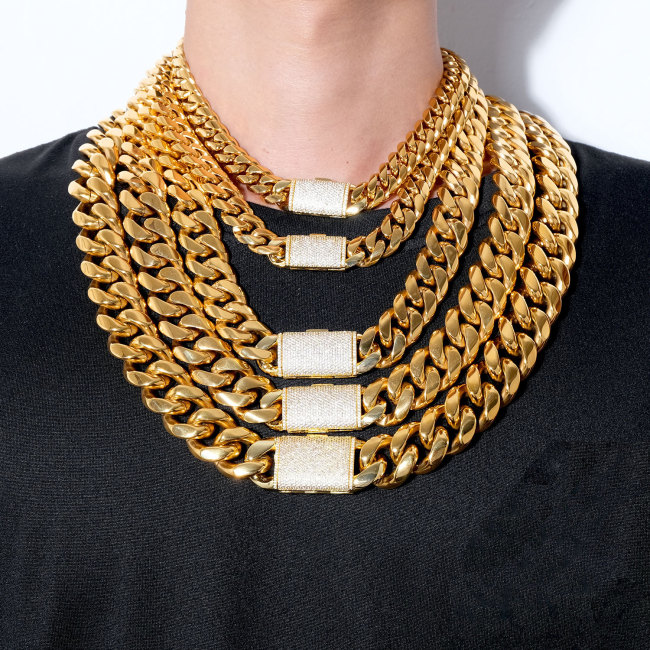 8-22mm European and American Hip Hop 18K Gold Plated Stainless Steel Cuban Chain Necklace with Micro-Inlaid Zircon Clasp JMBZ