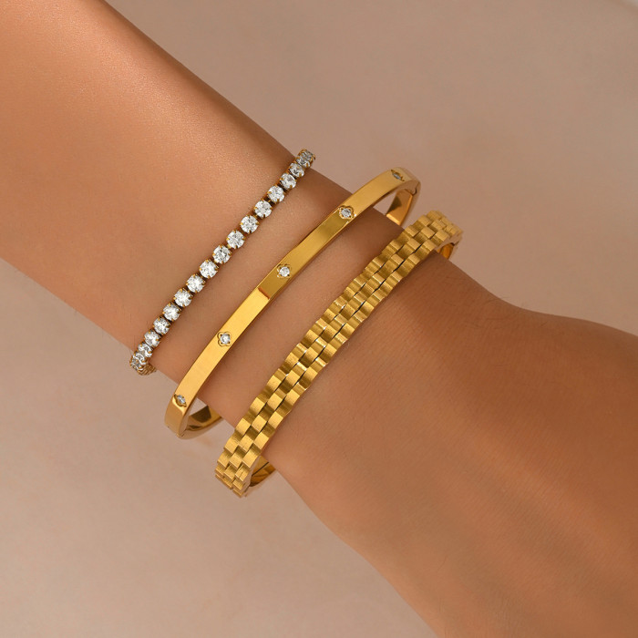 European and American jewelry with geometric texture + full-diamond thin bracelet + diamond-embellished wide bangle three-piece set, light luxury ins style