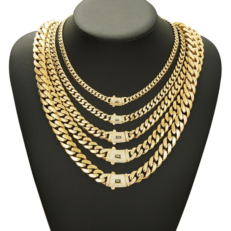 Vacuum-plated 12k gold chain stainless steel titanium steel encrypted Cuban men's necklace 6-14mm wide SWZK12