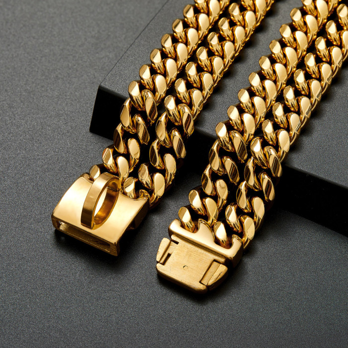 12mm double-row gold encrypted chain ID tag metal dog collar leash with simple buckle