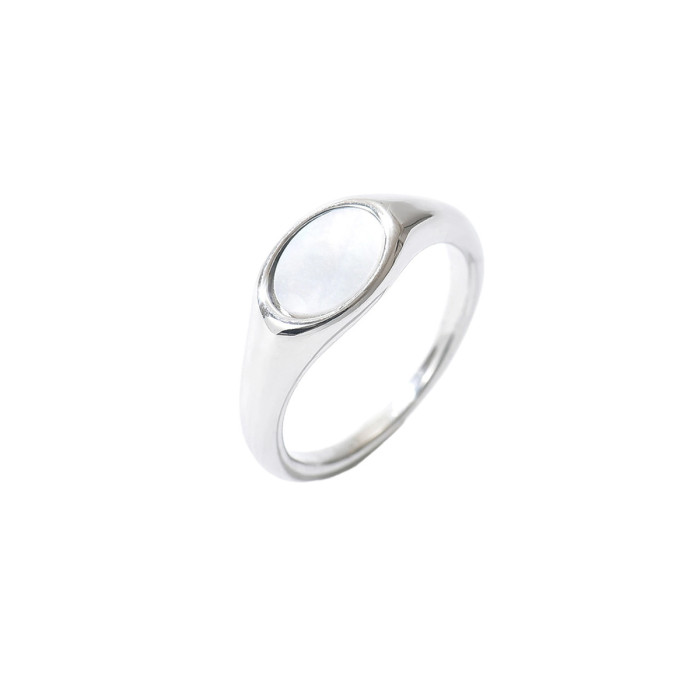 Unique mother-of-pearl geometric two-tone irregular stainless steel ring with irregular texture and diamond embellishments, light luxury fashion ring