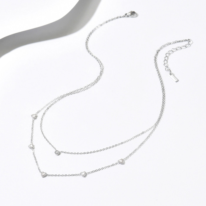 Fashionable double-layered titanium steel necklace with heart-shaped zirconia in two colors, unique and exquisite with a high-end feel for the collarbone