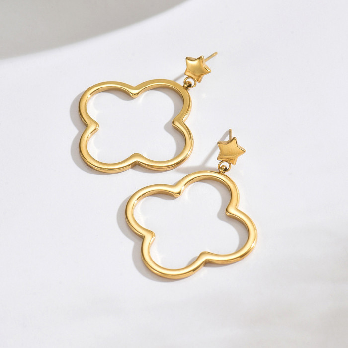 Star Flower Gold Hollow Four-Leaf Clover Titanium Steel Earrings, Small-Batch Design, Long-Style, Fresh and Sweet Earrings