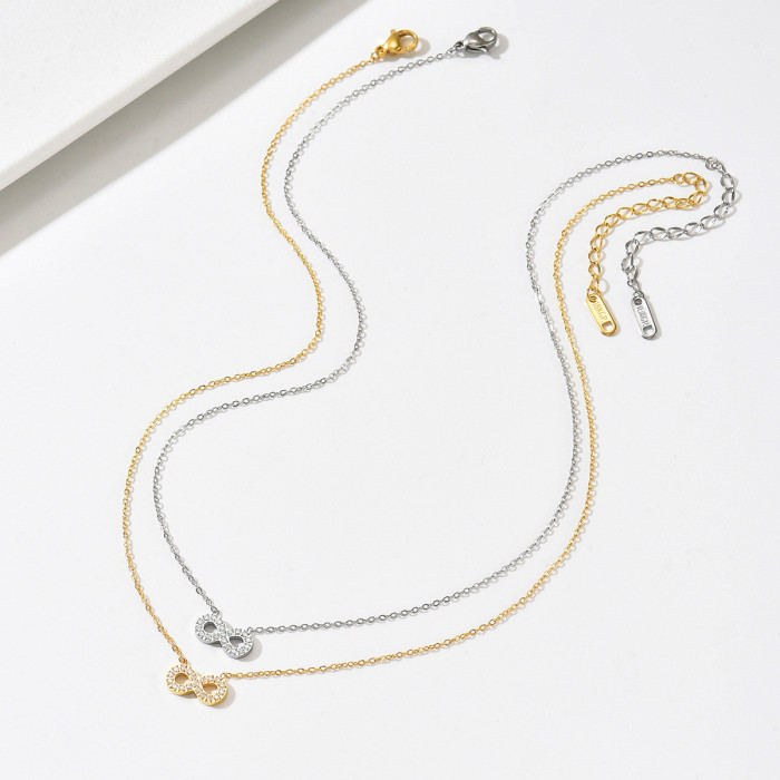 Cross-border European and American fashion personalized stainless steel infinity symbol diamond necklace, gold and steel two-tone 8-shaped necklace