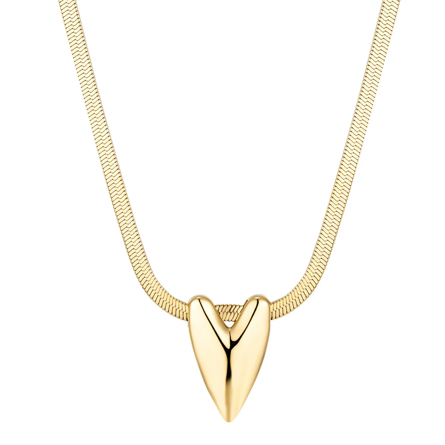 European and American style three-dimensional heart-shaped two-tone stainless steel snake bone chain necklace with a niche high-end feel and polished heart-shaped pendant