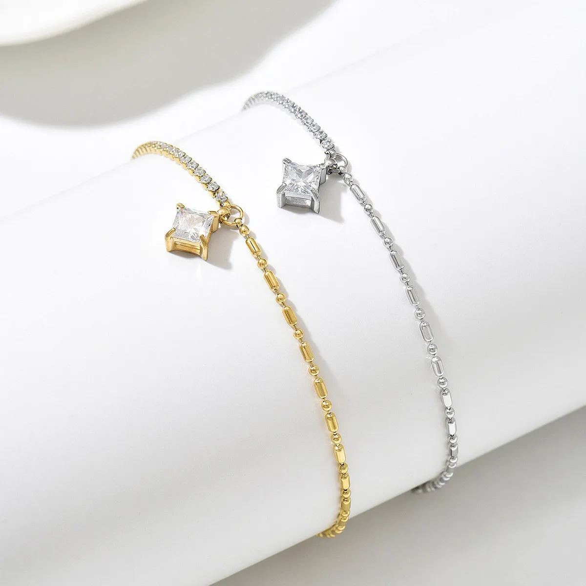 Cross-border geometric zircon pendant tennis chain bead chain spliced stainless steel bracelet, gold-plated jewelry, high-end accessories for women