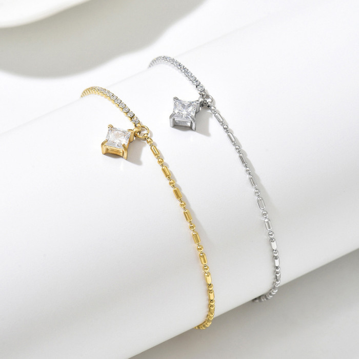 Geometric Zircon Pendant Tennis Chain Bead Chain Spliced Stainless Steel Bracelet, Gold Plated Jewelry, High-end Acce...