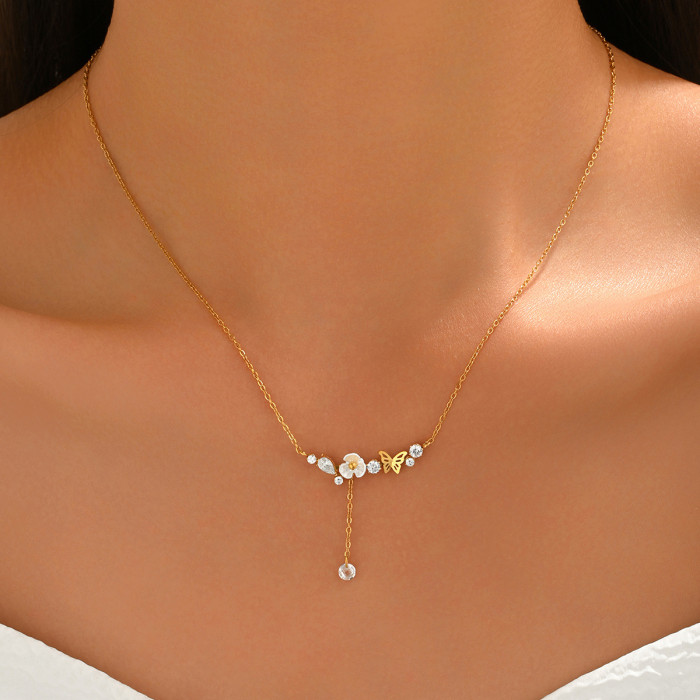Women's Necklace: Japanese and Korean Style, Small Flowers, Butterfly, Sweet Floral Zircon, Unique Design, Tassel Design, Collarbone Chain