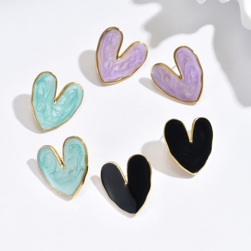 New Japanese and Korean style niche oil-drip heart earrings, exaggerated large version, sweet dopamine heart-shaped stainless steel earrings for women