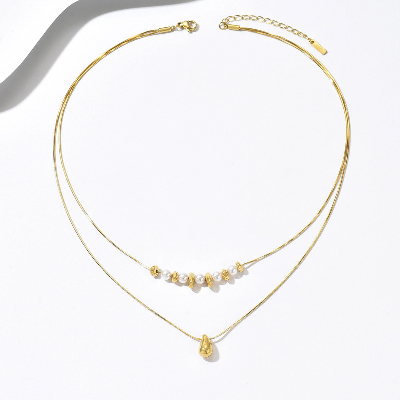 Freshwater pearl water drop layered two-tone stainless steel double-layer necklace, niche exquisite high-end clavicle chain fashion