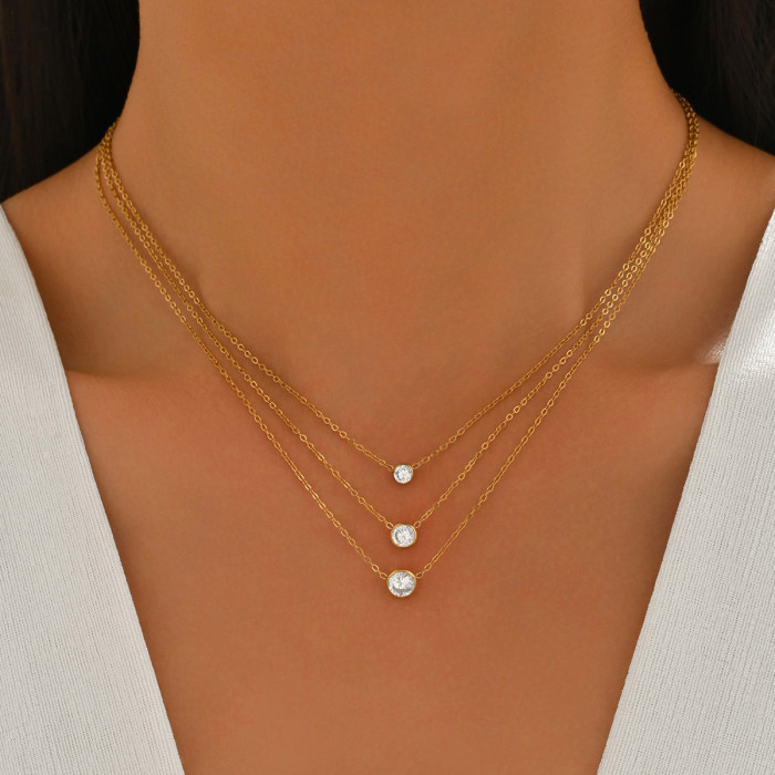 Three-layer diamond-encrusted two-tone titanium steel layered necklace, niche exquisite high-end collarbone chain, versatile and stylish