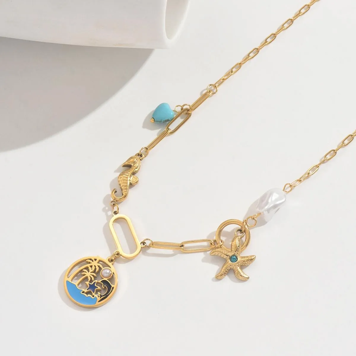 Marine Series Patchwork Necklace: Seahorse and Starfish + Coconut Island Enamel + Pearl Contrast Chain, Irregular Pendant Combination