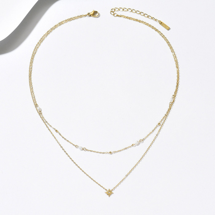 Layered starburst pearl titanium steel double-layer necklace in gold and silver, niche collarbone chain for everyday workplace elegance