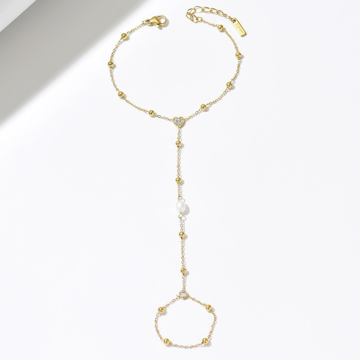 European and American ins-style pearl and zirconium ball gold-plated stainless steel finger chain and wrist chain, exquisite niche high-end jewelry
