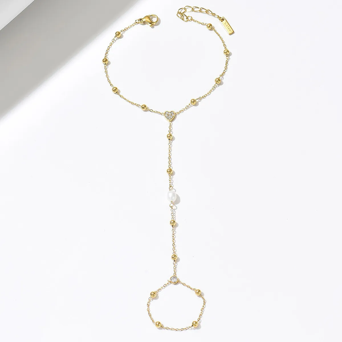 European and American ins-style pearl and zirconium ball gold-plated stainless steel finger chain and wrist chain, exquisite niche high-end jewelry