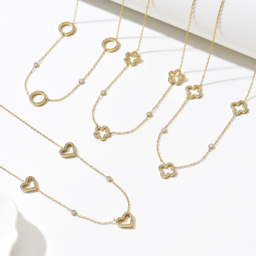 niche light luxury multi-element gold stainless steel clavicle chain with diamond-encrusted heart / four-leaf clover / circular ring