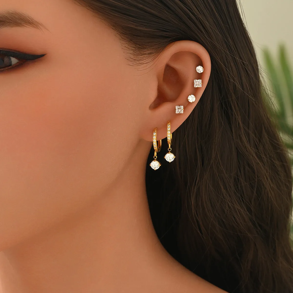 Fashionable internet celebrity style square diamond pendant earrings, titanium steel zircon multi-piercing stud earring set, unique design earrings