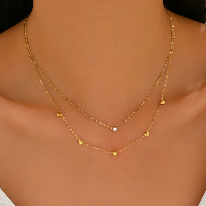 Fashionable double-layered titanium steel necklace with heart-shaped zirconia in two colors, unique and exquisite with a high-end feel for the collarbone