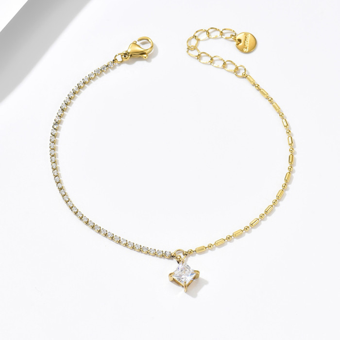 Geometric Zircon Pendant Tennis Chain Bead Chain Spliced Stainless Steel Bracelet, Gold Plated Jewelry, High-end Acce...
