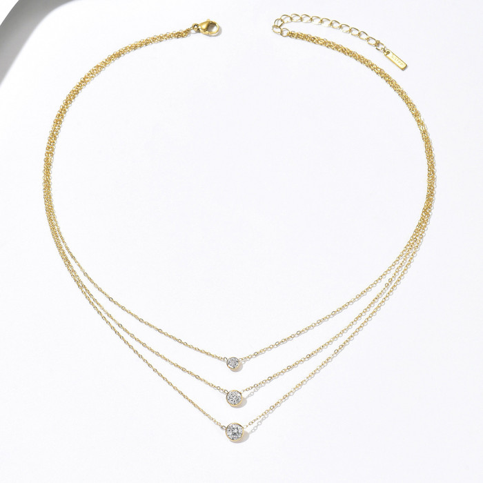 Three-layer diamond-encrusted two-tone titanium steel layered necklace, niche exquisite high-end collarbone chain, versatile and stylish