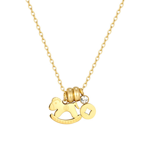 2026 Hot-Selling Horse Year Playful Wooden Horse Pendant with Diamonds and Copper Coins, Gold-Colored Collarbone Chain, New Year Versatile Necklace