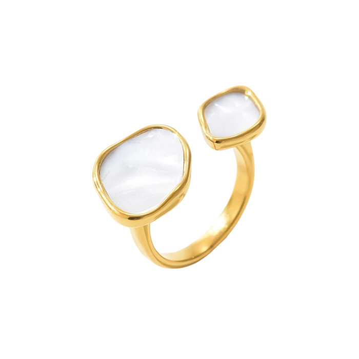 Unique mother-of-pearl geometric two-tone irregular stainless steel ring with irregular texture and diamond embellishments, light luxury fashion ring