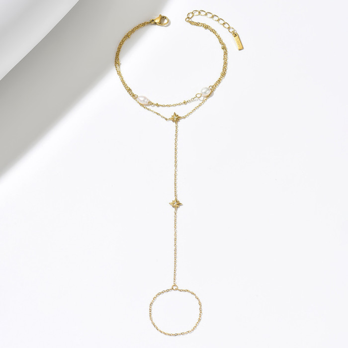 Ins Light Luxury Gold Plated Stainless Steel Hand Chain with Water Drop Zircon and Freshwater Pearl Exquisite Finger...