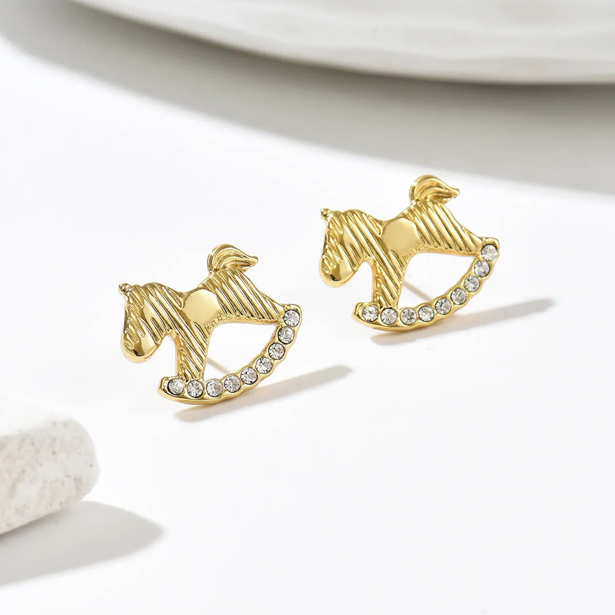 Sweet Girl Style Zircon Rocking Horse Earrings, Unique Design Playful Stud Earrings, Light Luxury High-End Commuting Earrings