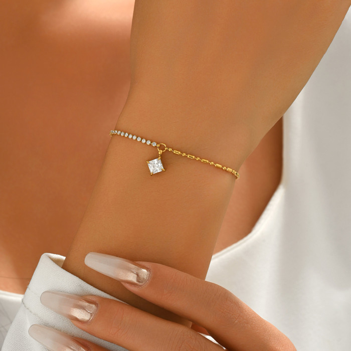 Geometric Zircon Pendant Tennis Chain Bead Chain Spliced Stainless Steel Bracelet, Gold Plated Jewelry, High-end Acce...