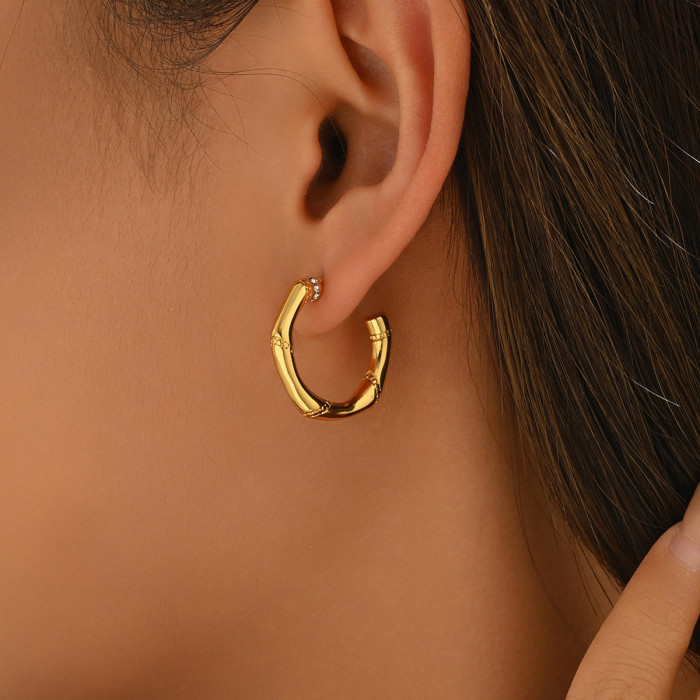 Light Luxury Style Bamboo Zircon Hoop Earrings, Gold Plated C-shaped Earrings, Unique Design Commuter Earrings, Direc...