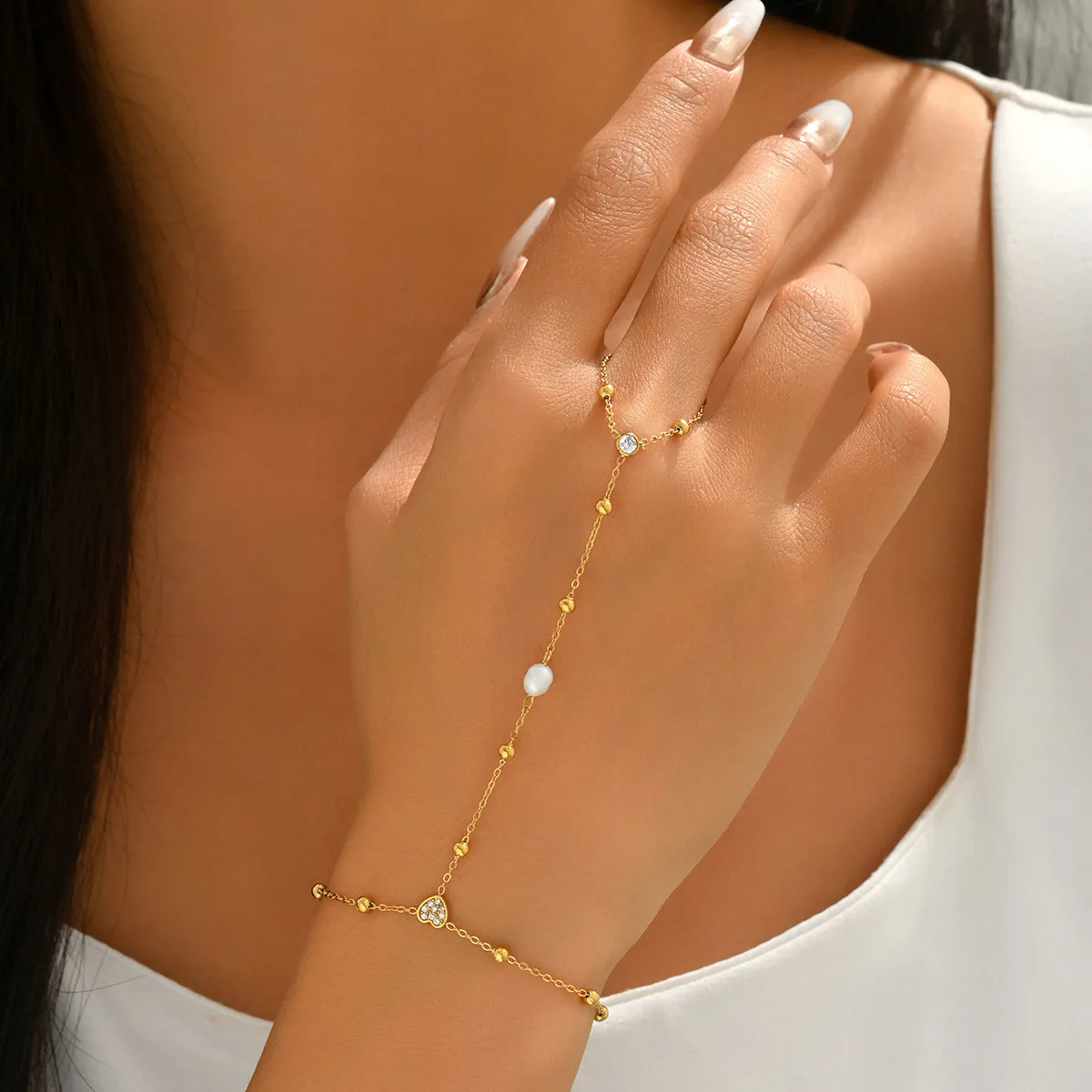 European and American ins-style pearl and zirconium ball gold-plated stainless steel finger chain and wrist chain, exquisite niche high-end jewelry