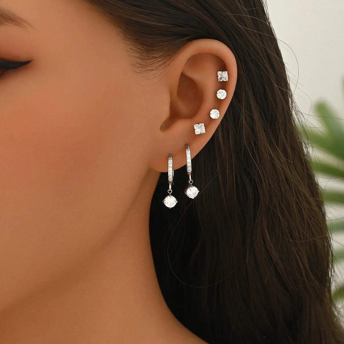 Fashionable internet celebrity style square diamond pendant earrings, titanium steel zircon multi-piercing stud earring set, unique design earrings