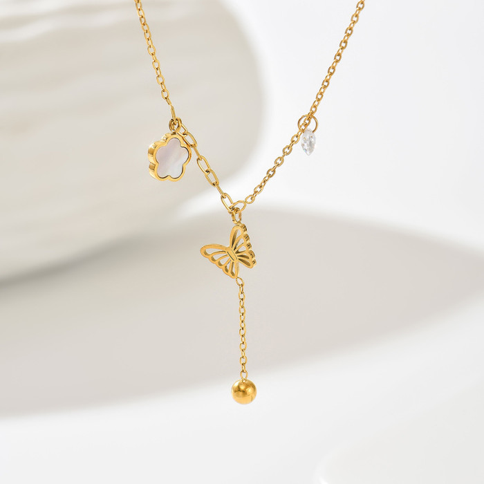 New Vintage Exquisite Heart, Flower, Butterfly Small Pendant Necklace with Multiple Star Elements, Trendy Collarbone...